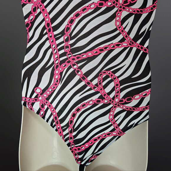 Y2K Zebra Print Bodysuit Top Size M Lace Trim Neon Trashy Mcbling Scene Gyaru - Picture 6 of 9